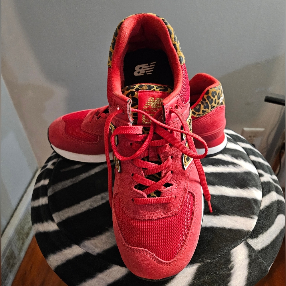 Women's Red/Cheetah Print New Balance 574 Athletic Shoe Sz 9